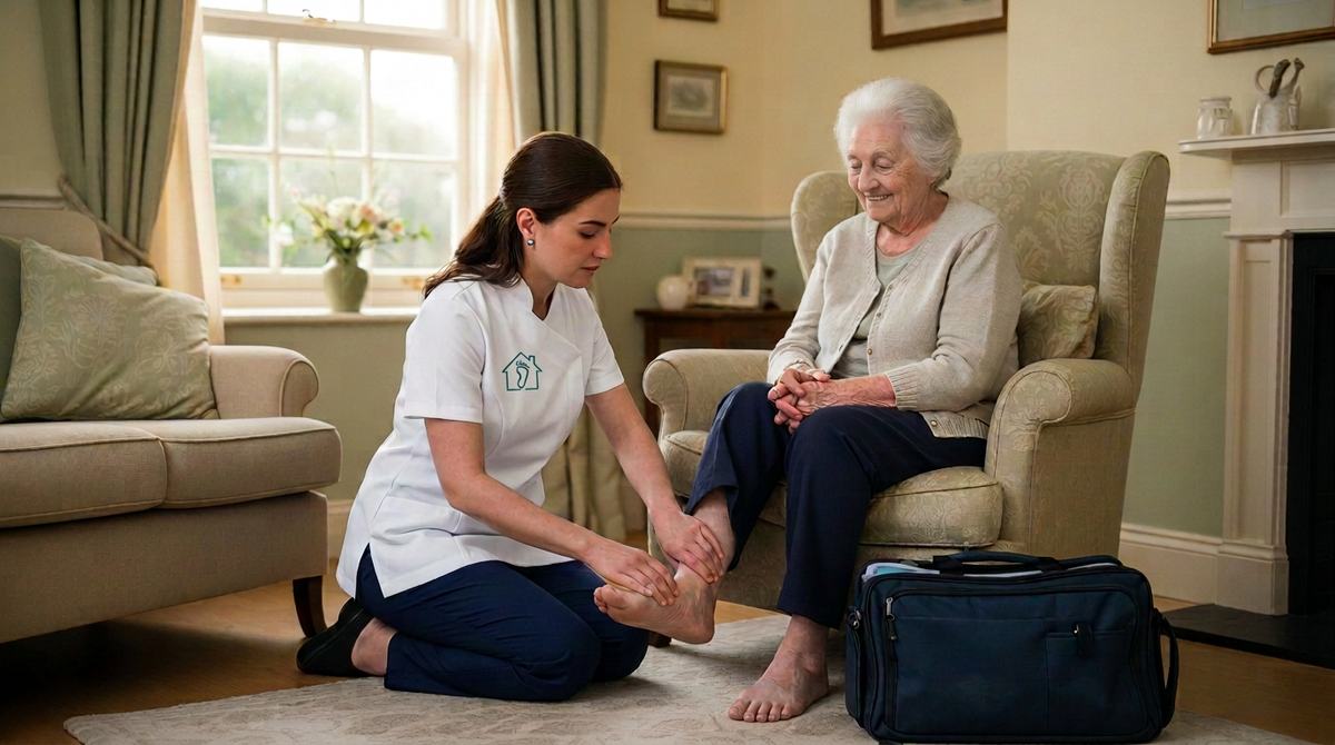HCPC-registered podiatrist providing a respectful home foot care visit to an older adult in a warm Yorkshire living room